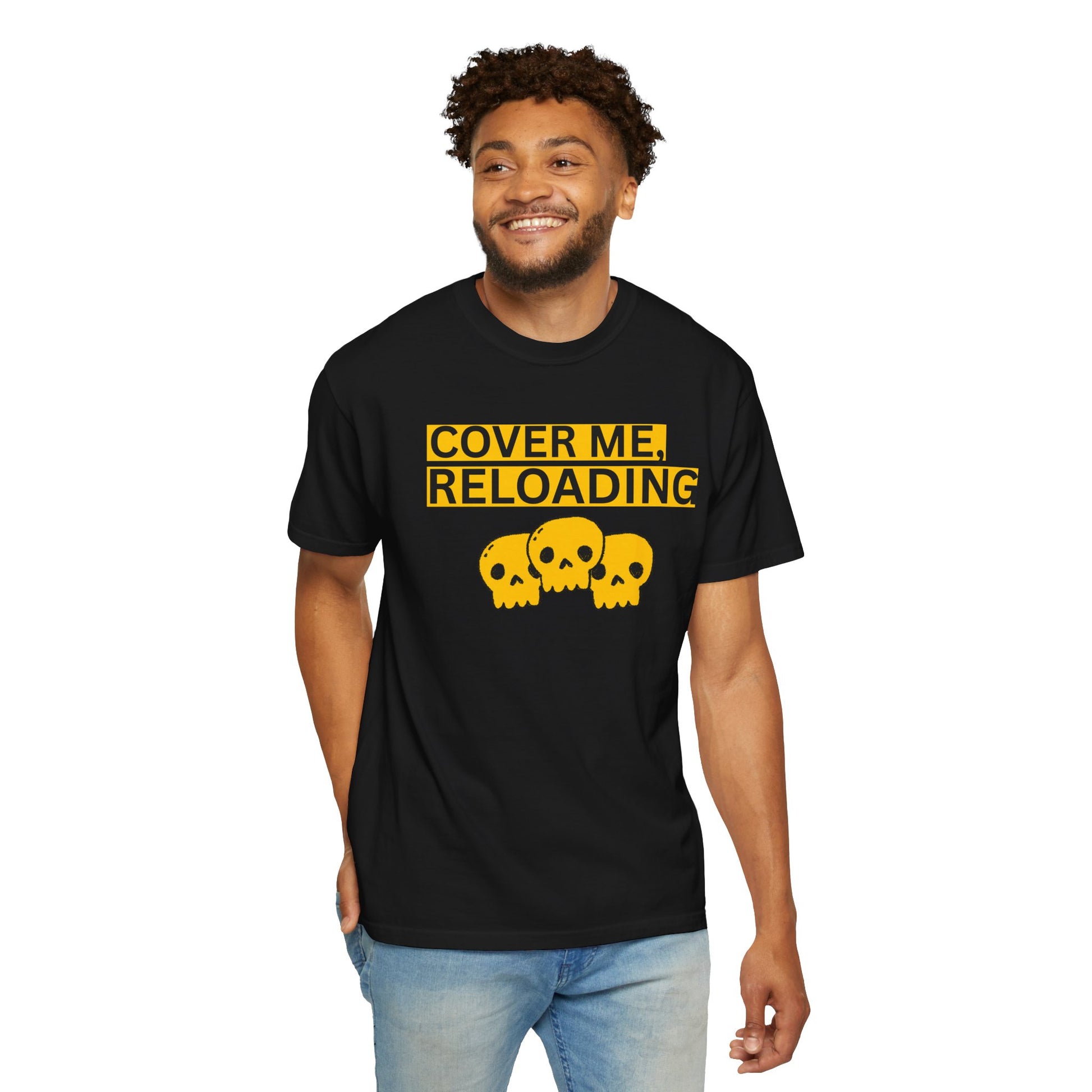 Cover me reloading gaming tee size chart comparison S to 3XL unisex fit reference
