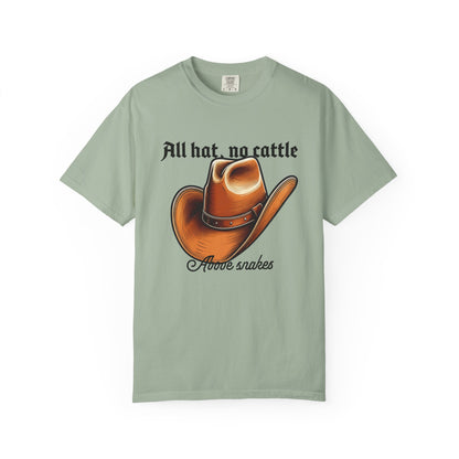 Cowboy graphic tee flat lay on rustic wood ranch background
