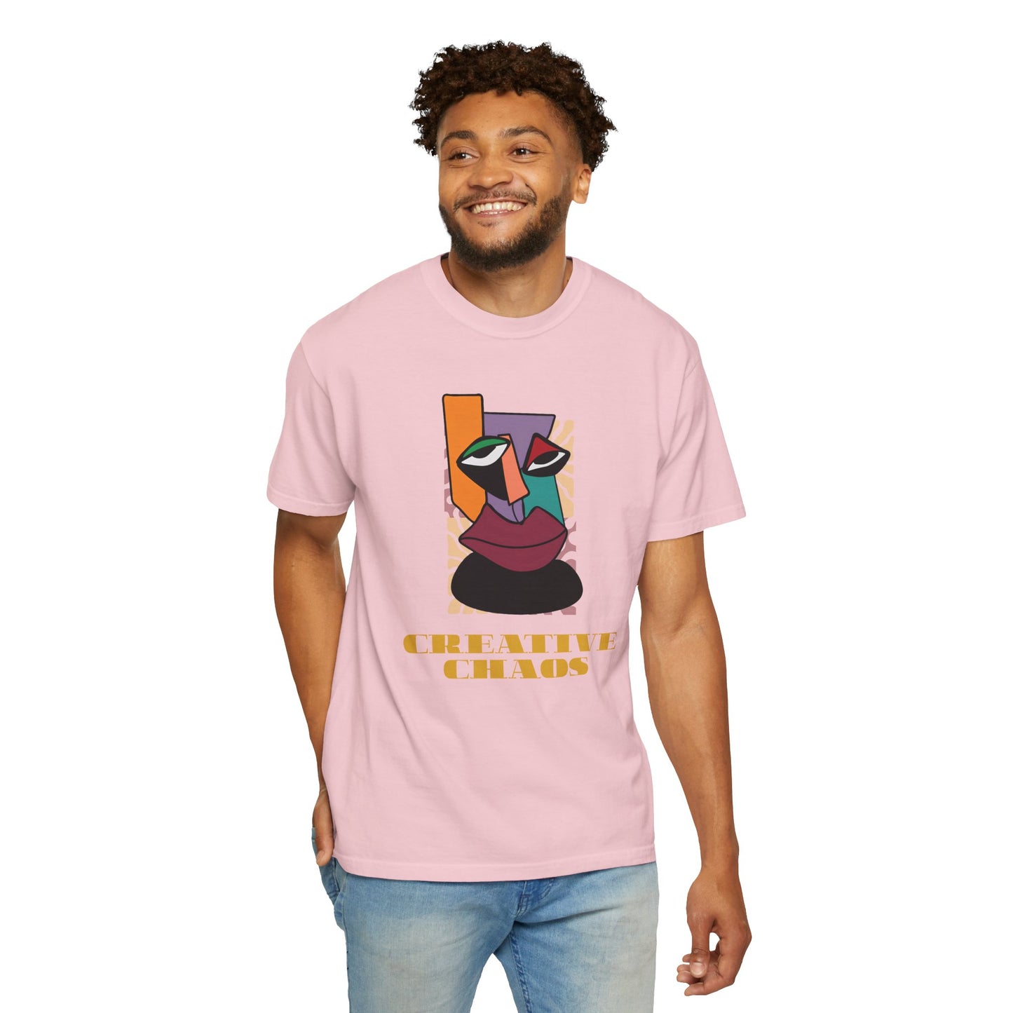 Creative Chaos T-Shirt folded display showing vibrant cubist abstract graphic in full color detail