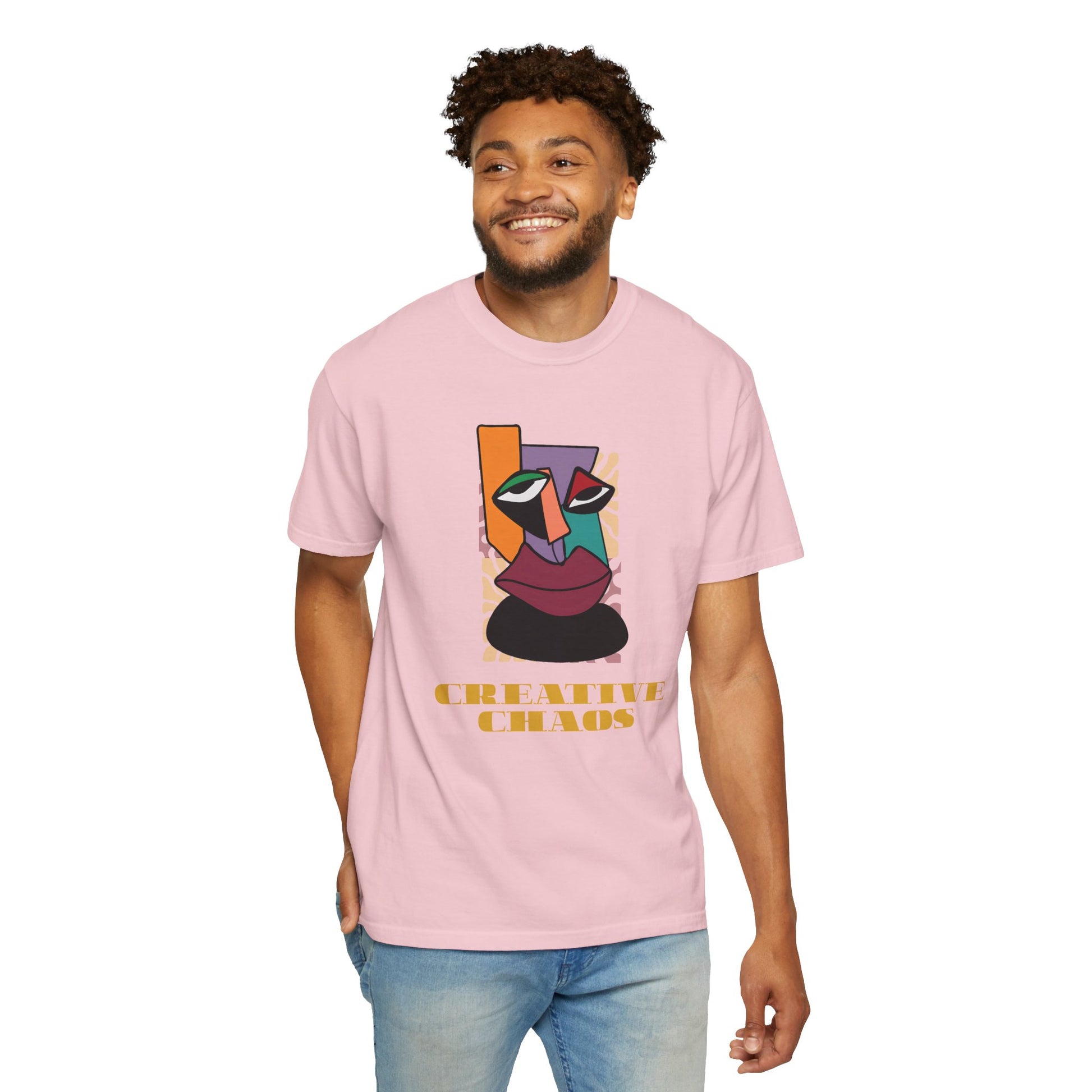 Creative Chaos T-Shirt folded display showing vibrant cubist abstract graphic in full color detail