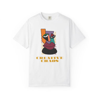 Creative Chaos T-Shirt with colorful cubist geometric face graphic on garment-dyed Comfort Colors 1717