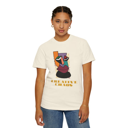 Creative Chaos graphic tee worn by artist model in studio setting