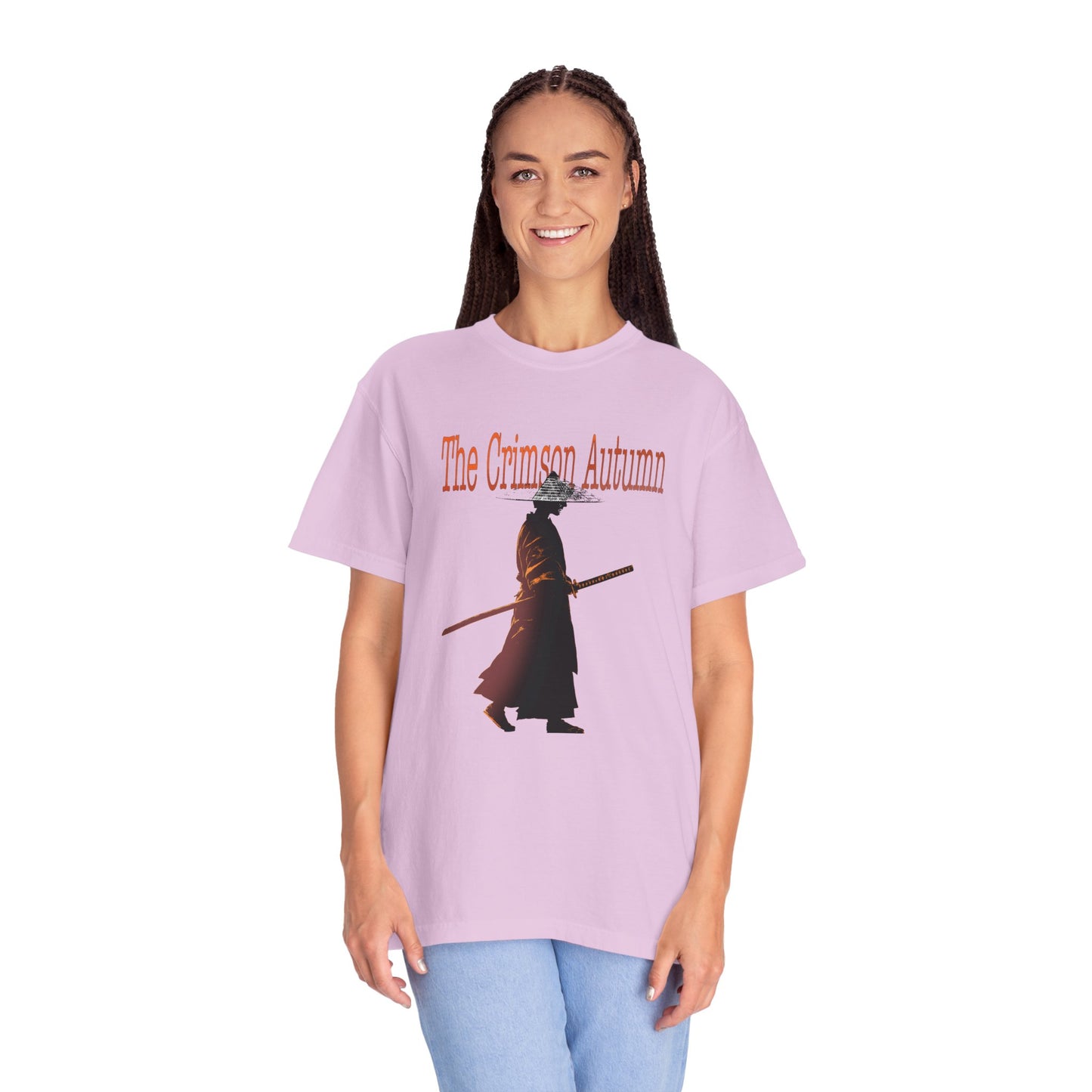 Crimson Autumn Samurai Tee folded showing garment dyed soft faded color finish and distressed Japanese warrior graphic on heavyweight 6.1 oz cotton