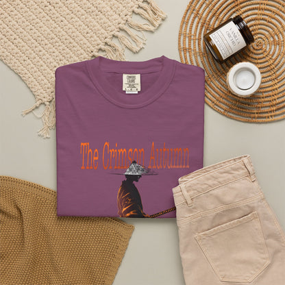 Crimson Autumn Samurai Tee in size large showing relaxed oversized drape and garment dyed faded cotton finish with samurai graphic