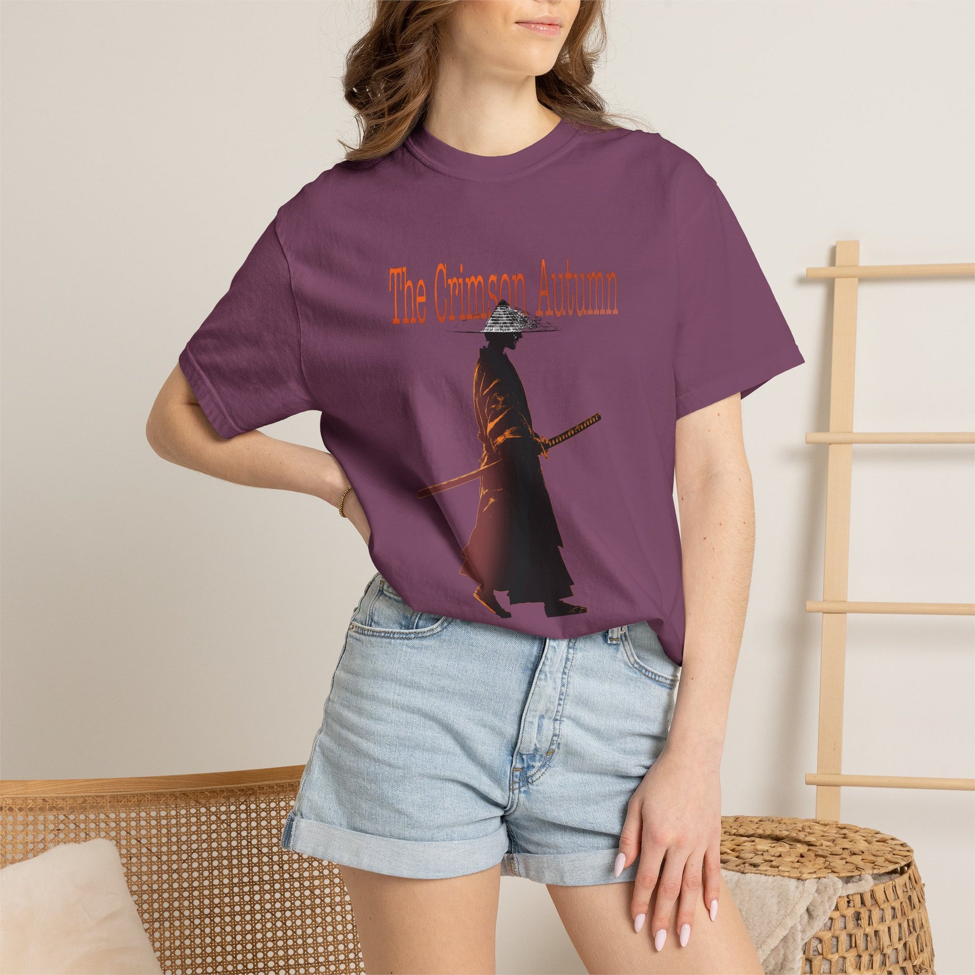 Crimson Autumn Samurai Tee in size small showing relaxed fit proportions on lightweight frame with distressed Japanese warrior autumn graphic