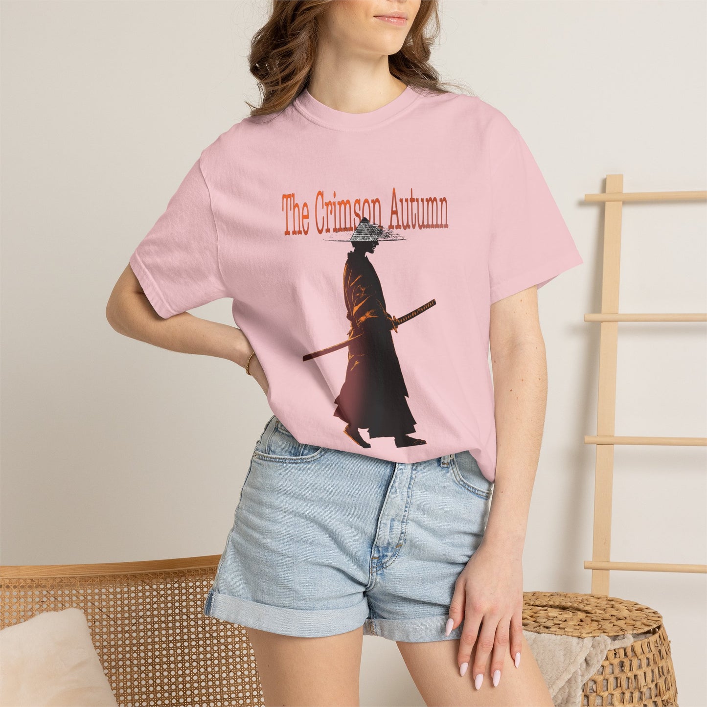 Crimson Autumn Samurai Tee styled with dark denim and worn boots showing autumn aesthetic outfit with distressed samurai graphic shirt