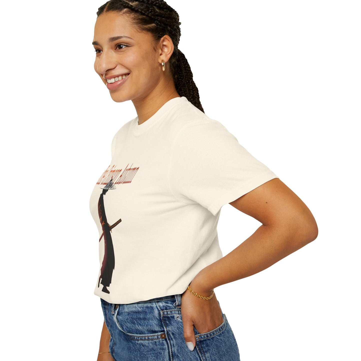 Crimson autumn samurai tee on hanger against a neutral studio backdrop
