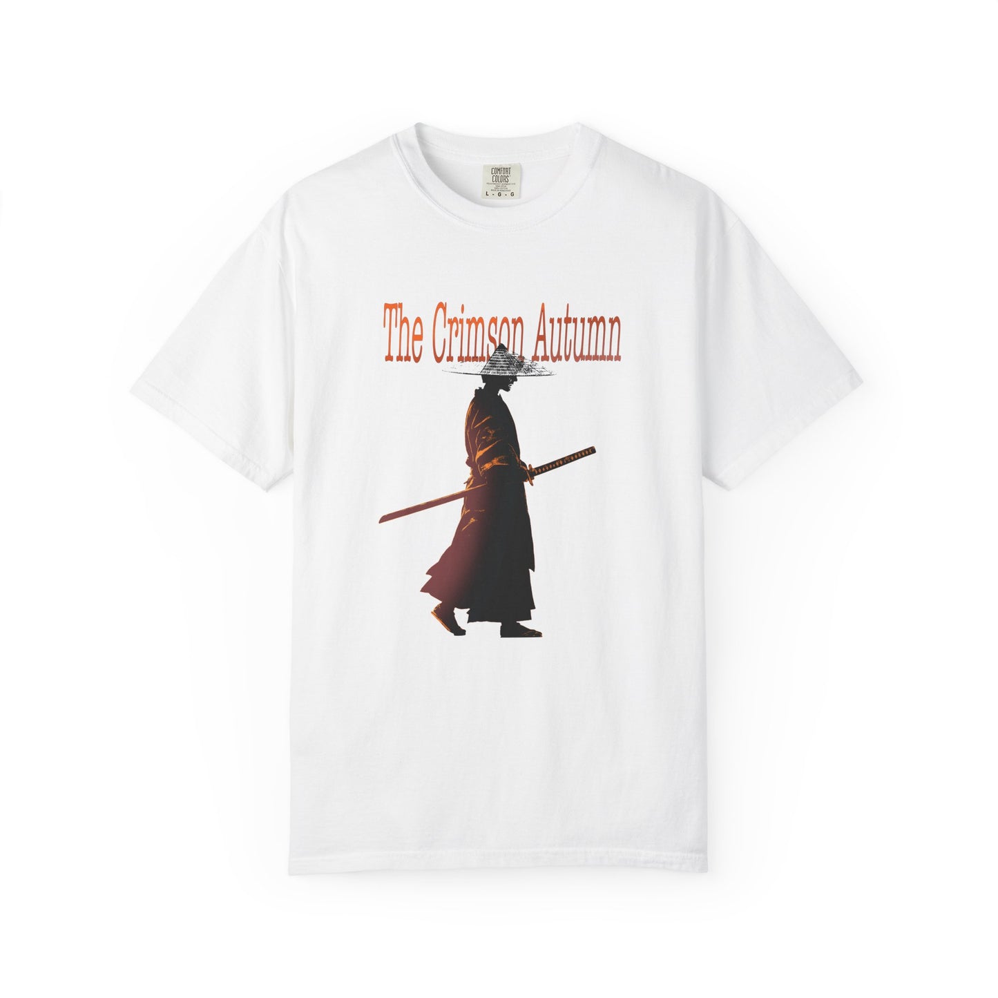 Crimson autumn samurai tee with distressed warrior and katana graphic

