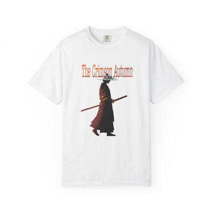 Crimson autumn samurai tee with distressed warrior and katana graphic
