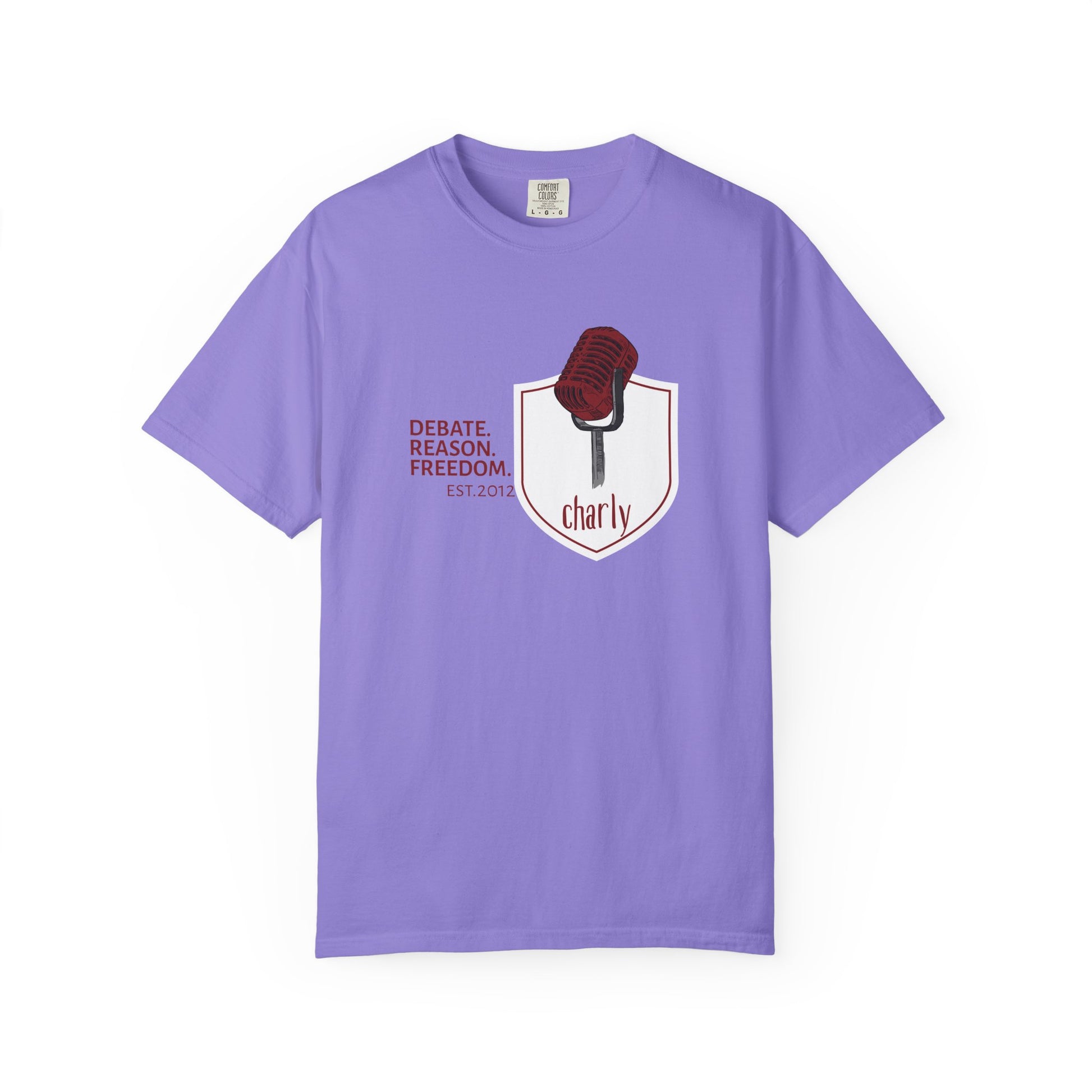 Critical thinking apparel tee with microphone heraldry design for debate team members