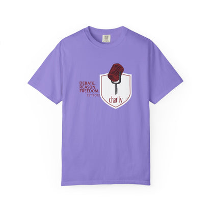 Critical thinking apparel tee with microphone heraldry design for debate team members