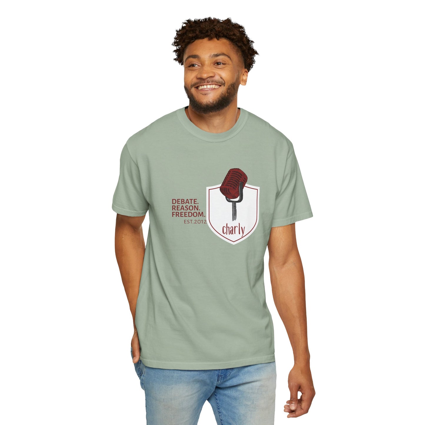 Critical thinking apparel vintage microphone tee size range S through 3XL displayed on hangers