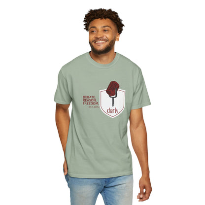 Critical thinking apparel vintage microphone tee size range S through 3XL displayed on hangers