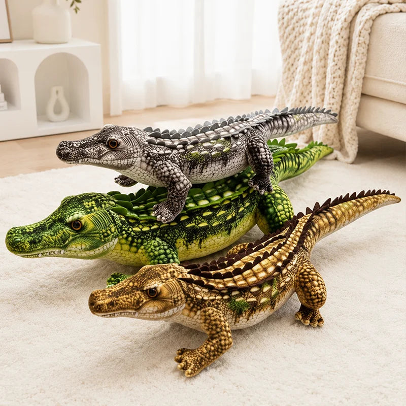 Crocodile plush toy in three colors, brown green and gray color options flat lay
