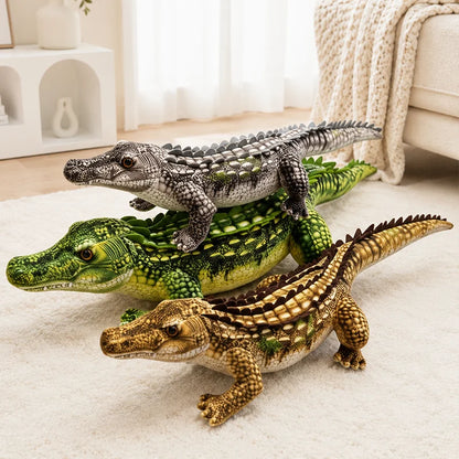 Crocodile plush toy in three colors, brown green and gray color options flat lay