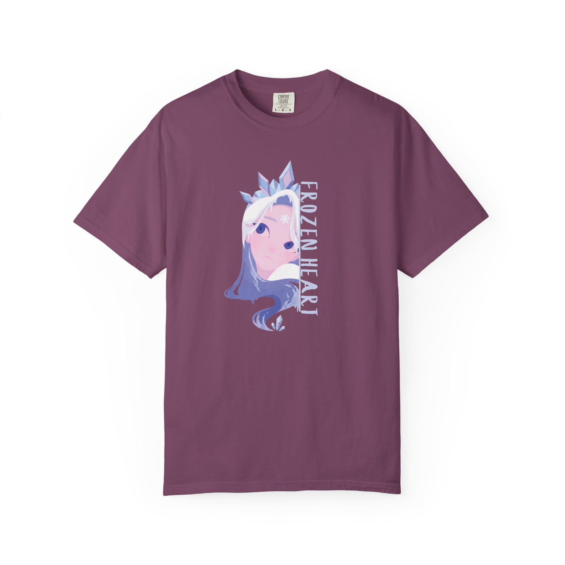 Cryo queen graphic tee flat lay on neutral background highlighting ice-blue artwork and typography
