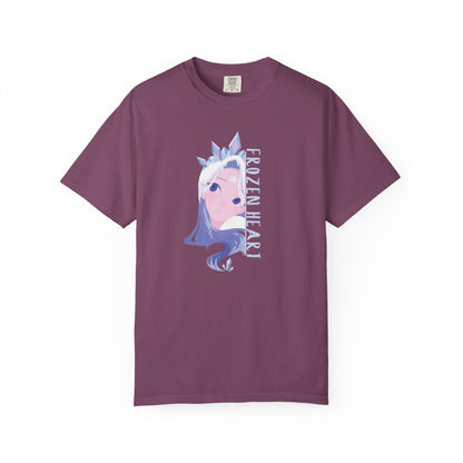 Cryo queen graphic tee flat lay on neutral background highlighting ice-blue artwork and typography
