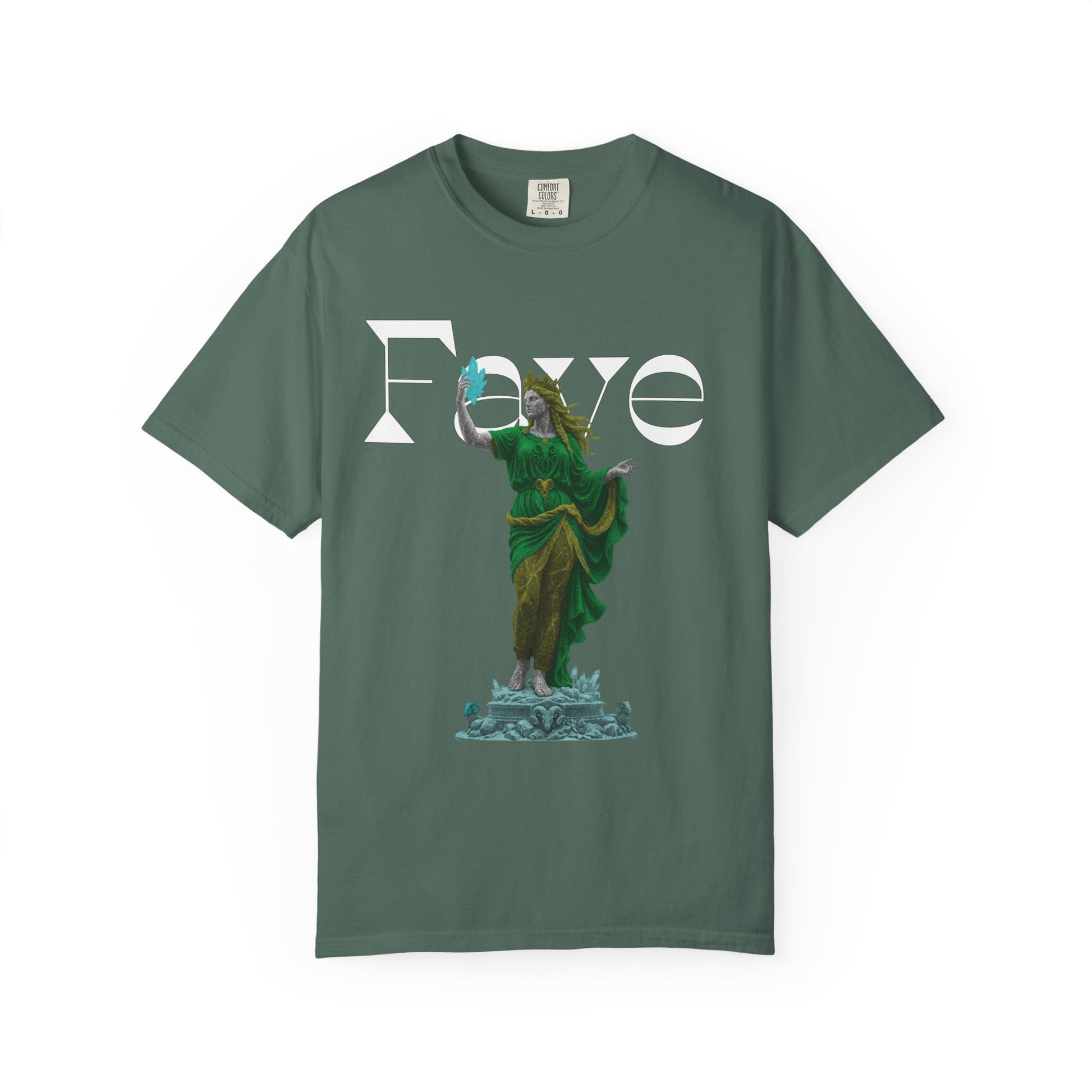 Crystal goddess graphic tee in forest green and charcoal mythcore style
