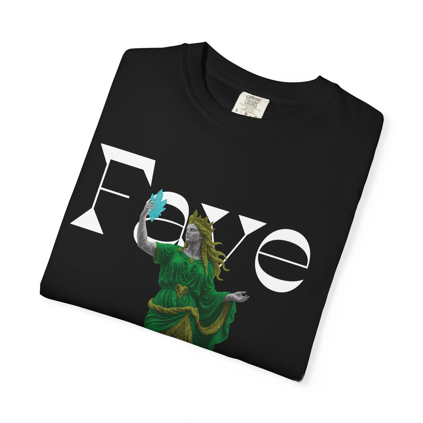 Crystal goddess graphic tee neckline and collar detail
