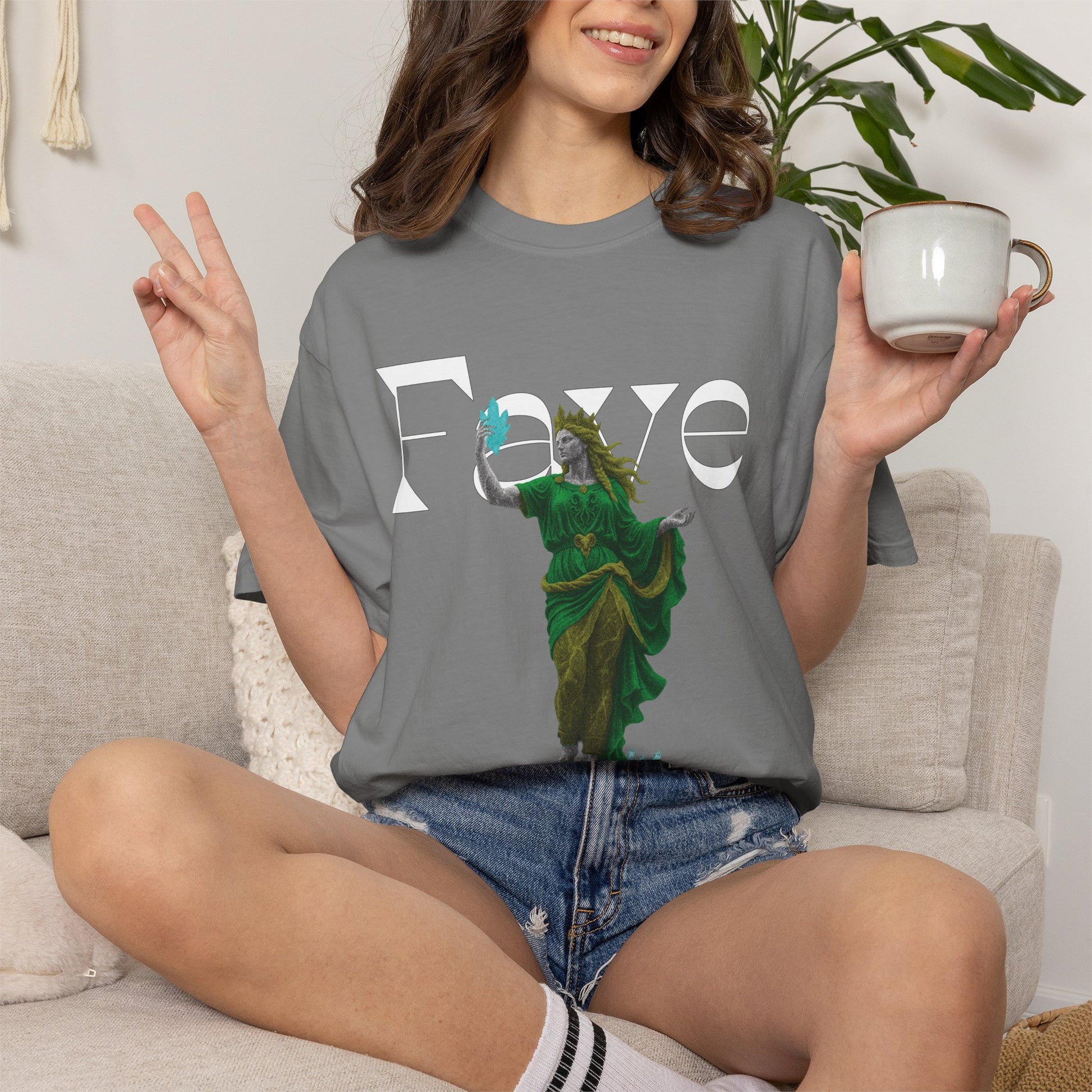 Crystal goddess graphic tee styled with tailored trousers
