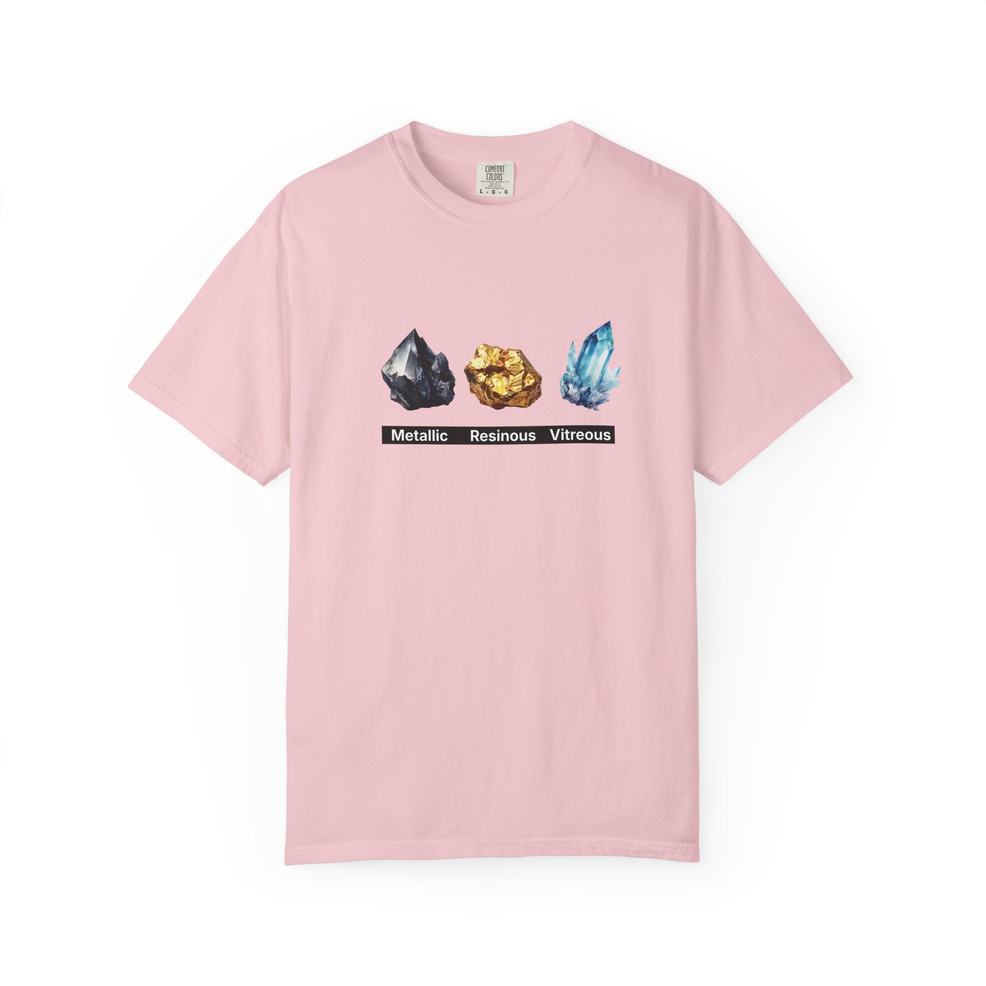Crystal types shirt front view showing full mineral illustration chest print