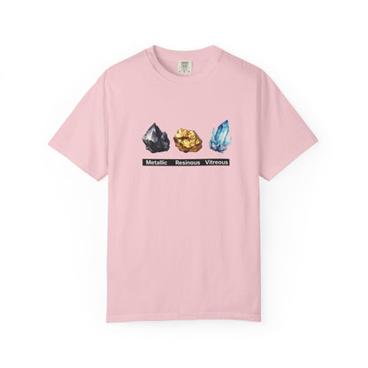 Crystal types shirt front view showing full mineral illustration chest print