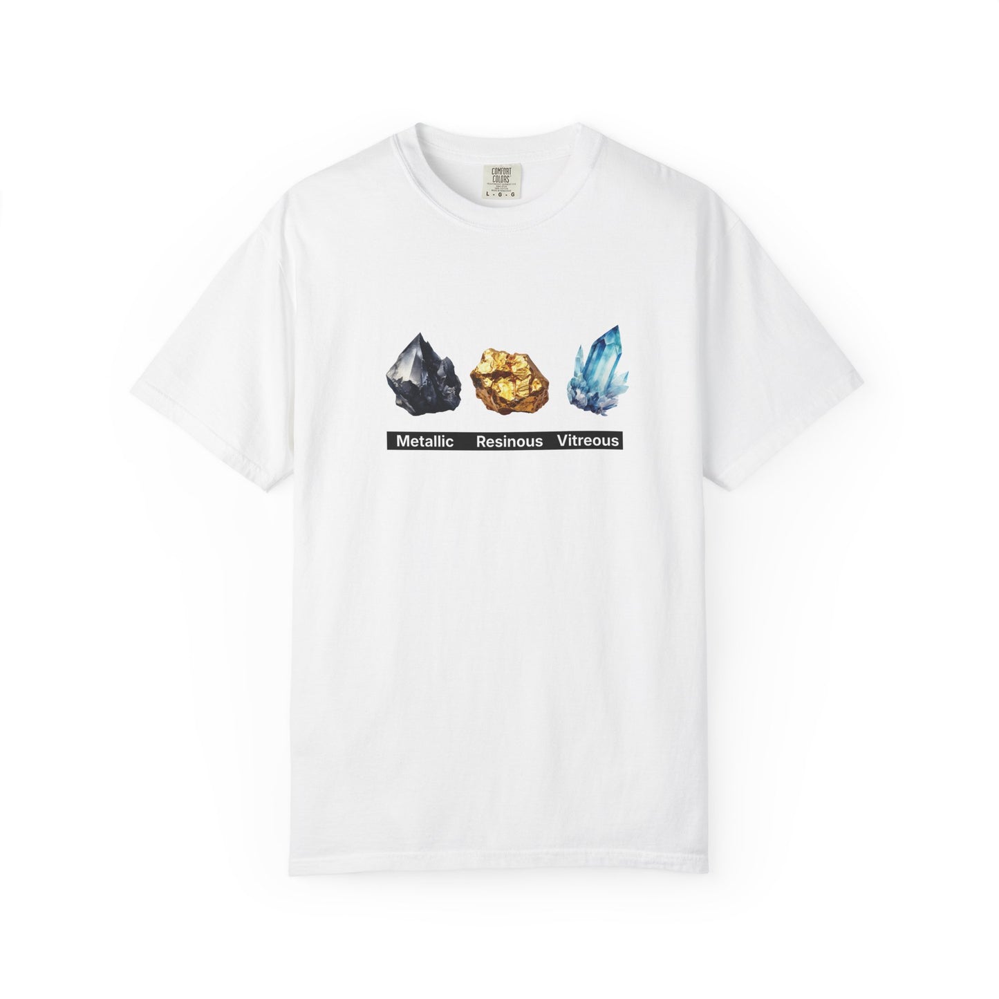 Crystal types t-shirt with metallic resinous and vitreous mineral illustration on chest