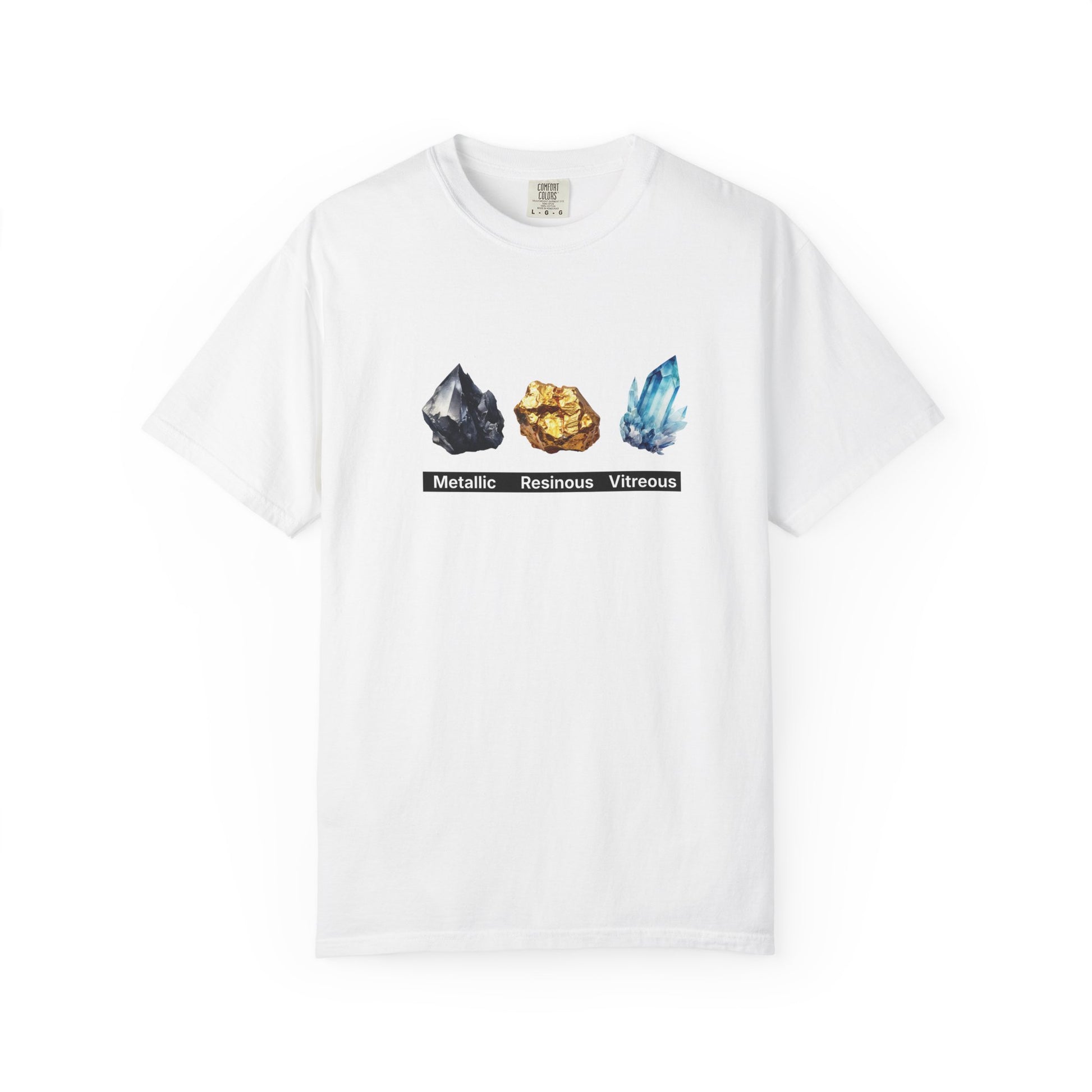Crystal types t-shirt with metallic resinous and vitreous mineral illustration on chest