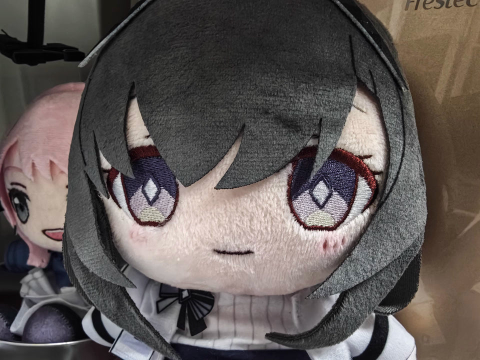 Cute Arknights Priestess plushie with black hairband and bow tie details