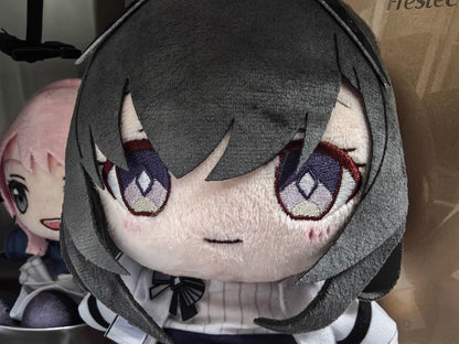 Cute Arknights Priestess plushie with black hairband and bow tie details