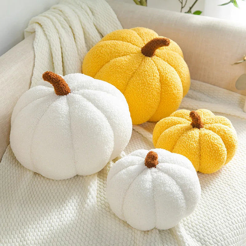 Cute Halloween decor pumpkin plush toy in soft velvet fabric close-up