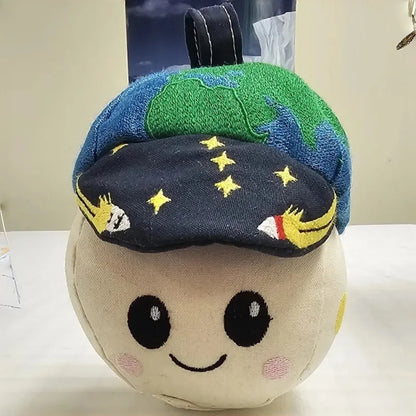 Cute NASA moon mascot Rise plush doll with Earthrise cap close up