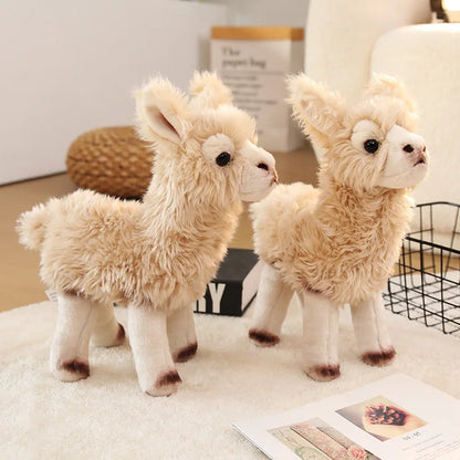 Cute alpaca stuffed animal front view showing long neck and expressive eyes
