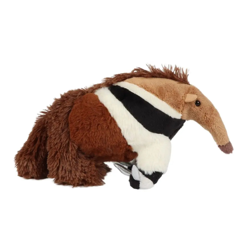 Cute anteater plush toy displayed on wooden shelf