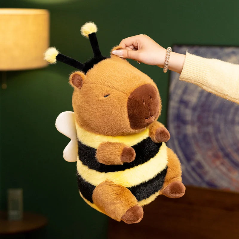 Cute bee capybara plush toy in yellow bumblebee costume placed inside a gift box, making it a ready-to-give kawaii stuffed animal present