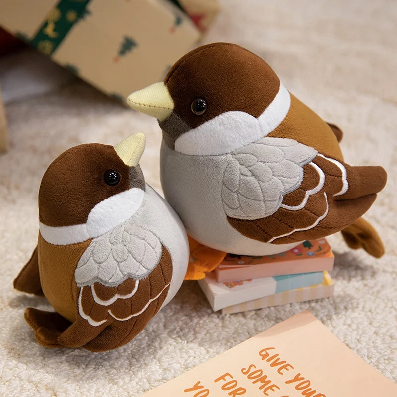 Cute bird plush toy sparrow 15cm and 18cm side by side size comparison