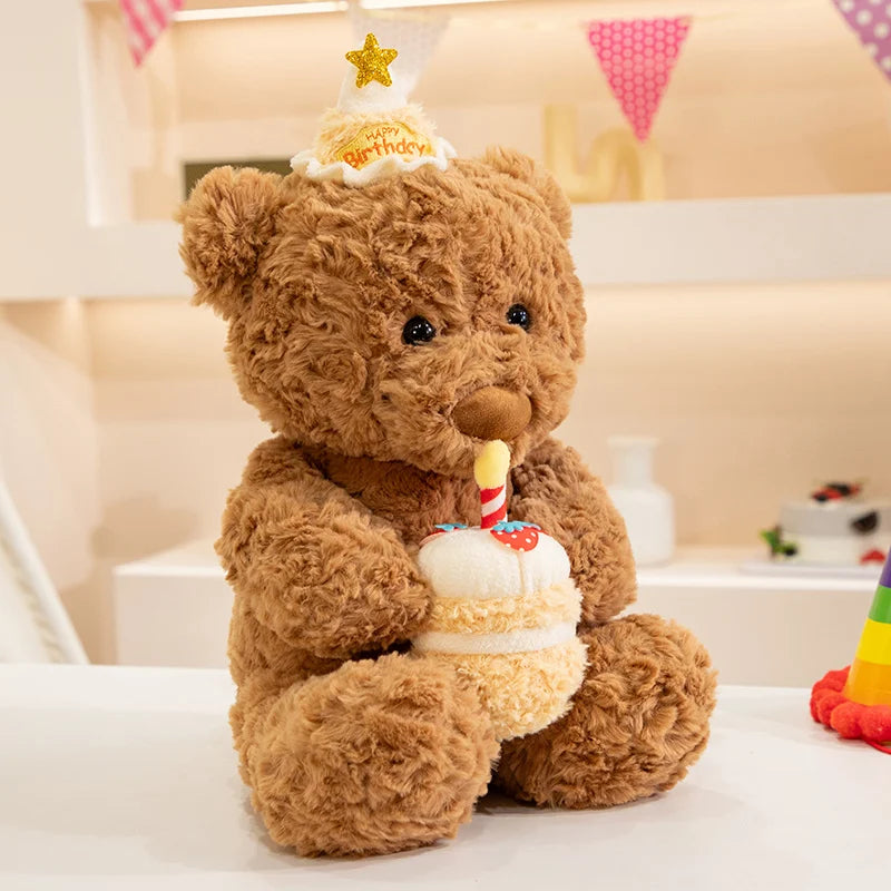 Cute birthday gift fluffy brown bear plush in festive party hat front view