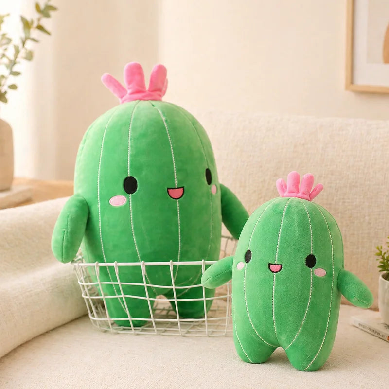 Cute cactus plush pillow displayed on a cozy bedroom shelf