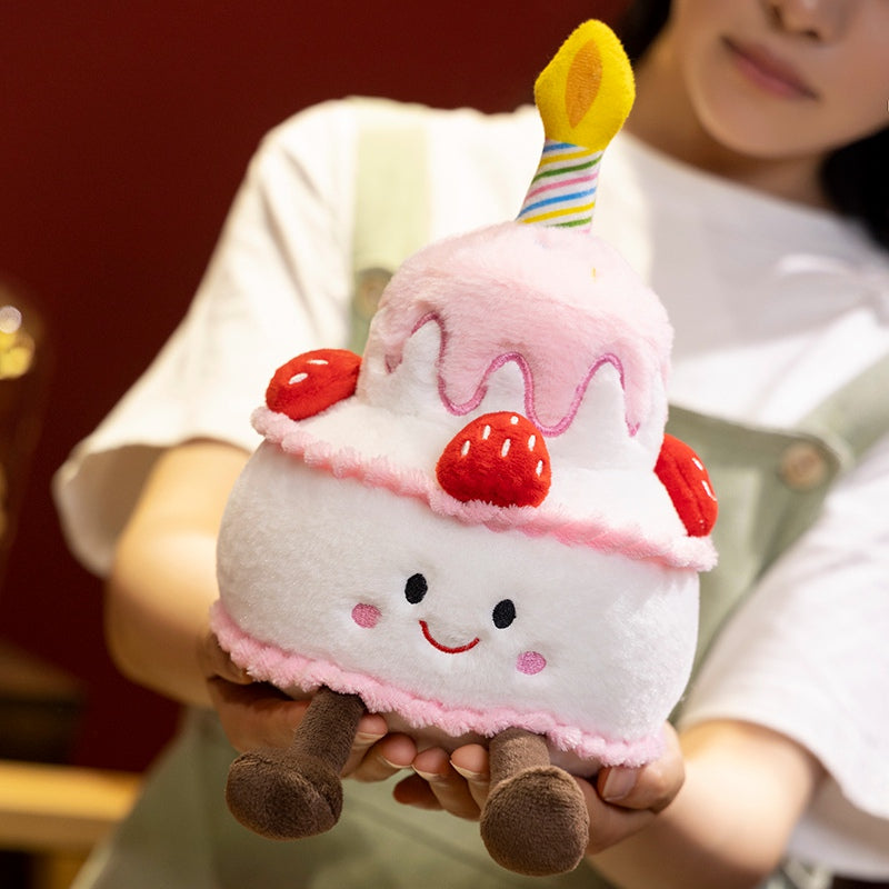 Cute cake stuffed animal beside birthday party decoration setup