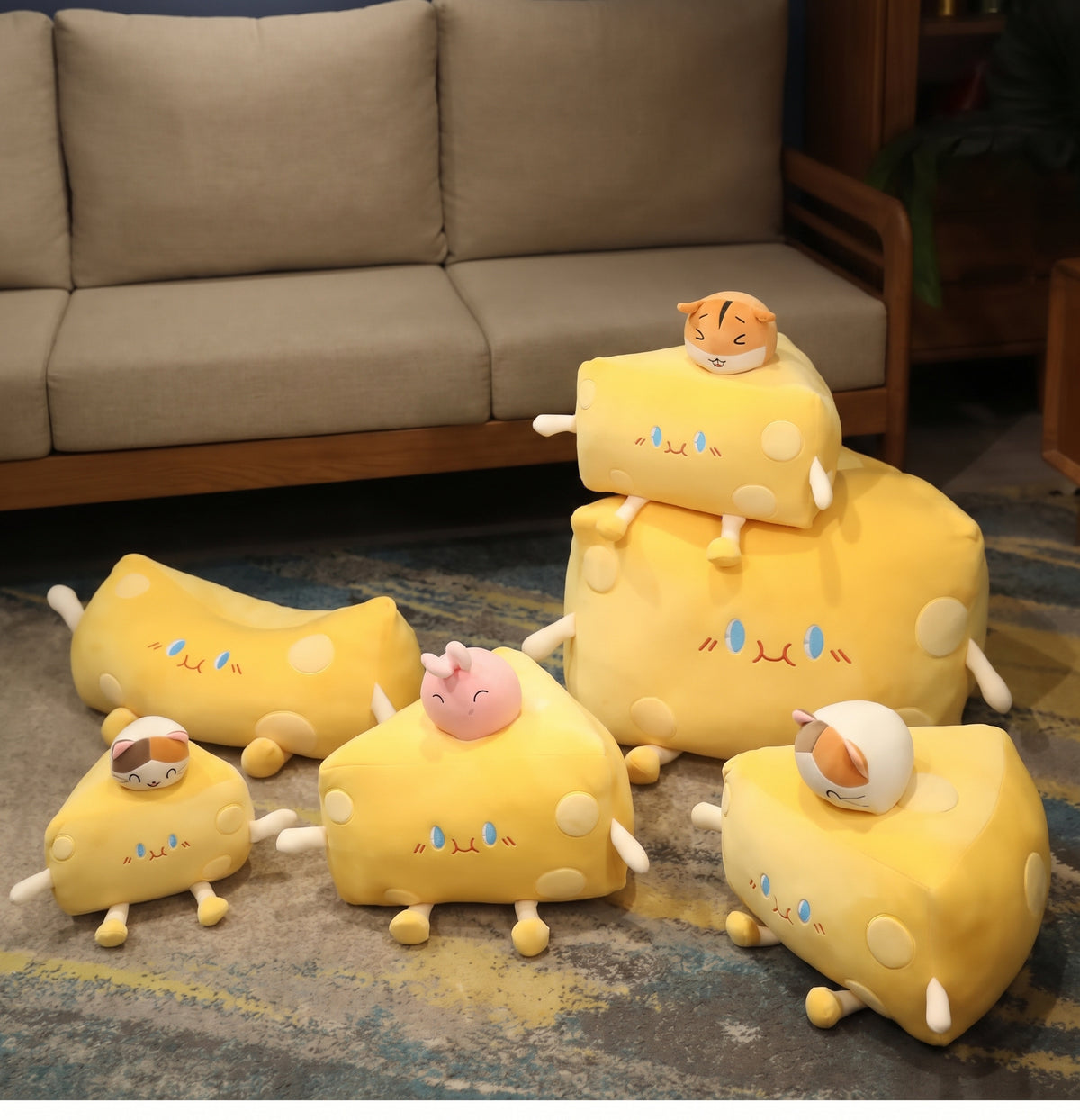 Cute cat cheese plushie with tiny kitten sitting on yellow cheese wedge plush