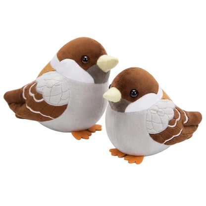 Cute chubby sparrow plushie 15cm with brown cap and stitched wings on white background