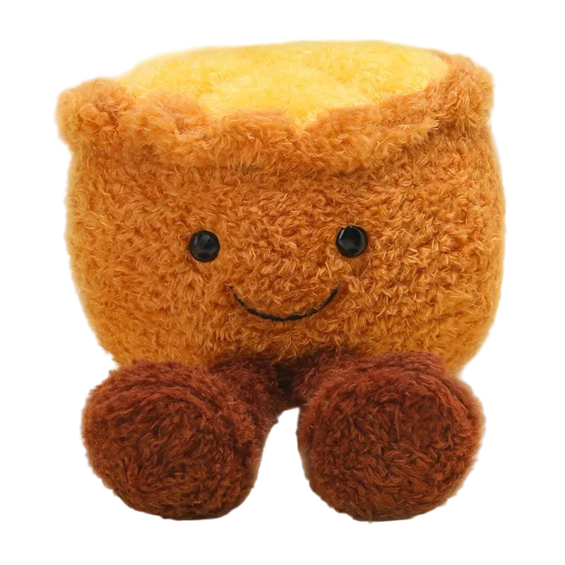 Cute desk buddies burger toast donut and egg tart plush toys arranged on wooden desk