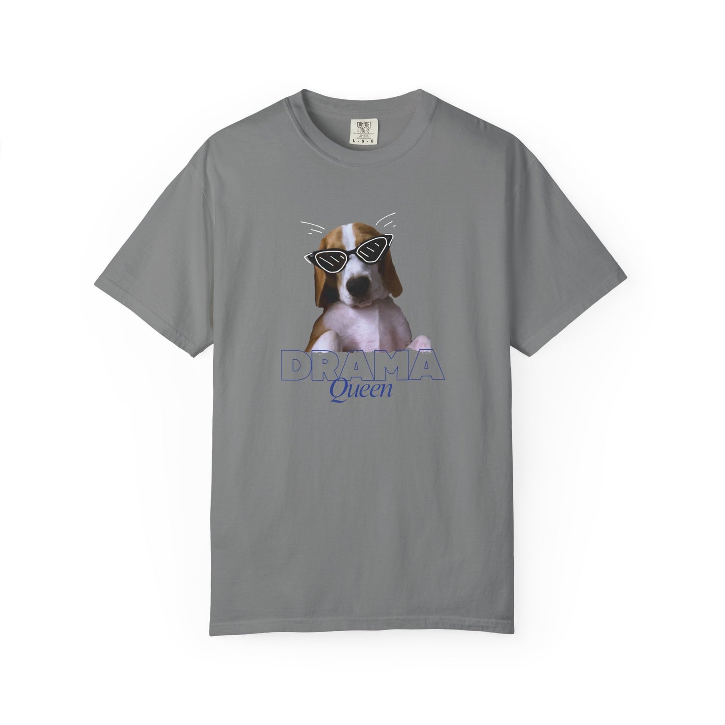 Cute dog in cat-eye sunglasses Queen graphic on heavyweight cotton t-shirt