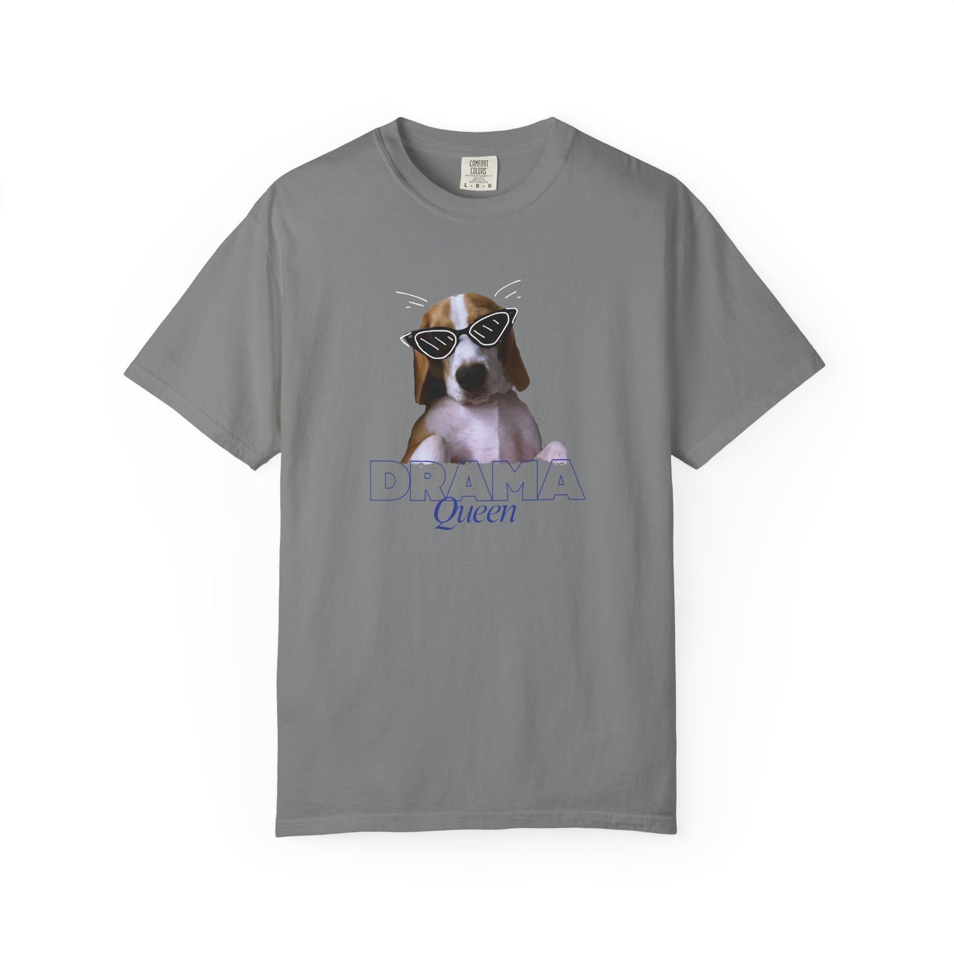 Cute dog in cat-eye sunglasses Queen graphic on heavyweight cotton t-shirt