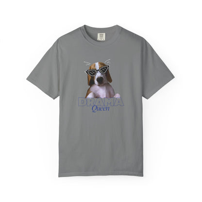 Cute dog in cat-eye sunglasses Queen graphic on heavyweight cotton t-shirt