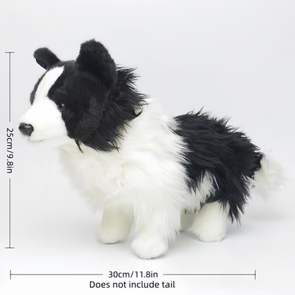 Cute dog plush border collie realistic face close up