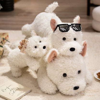 Cute dog plush in West Highland White Terrier style on a bedroom display shelf