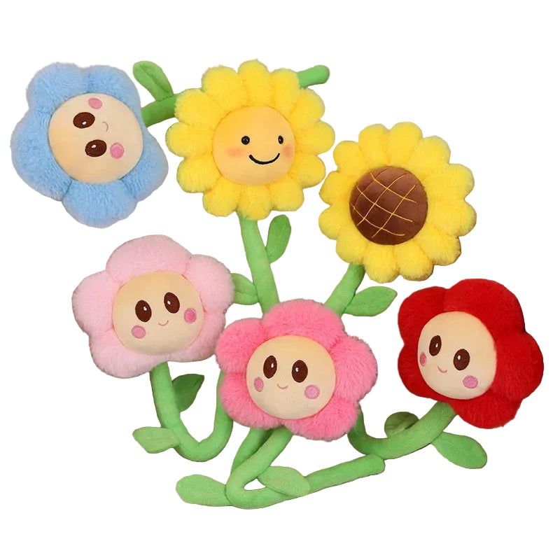 Cute flower plush toy 6 color variants group photo with green stems
