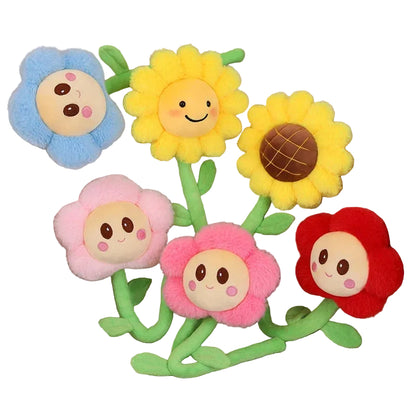 Cute flower plush toy 6 color variants group photo with green stems
