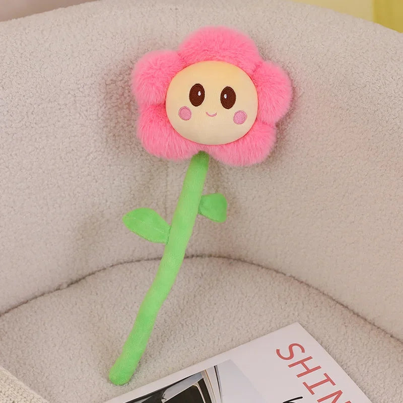 Cute flower plush toy 6 color variants with smiley face and green stem 40cm

